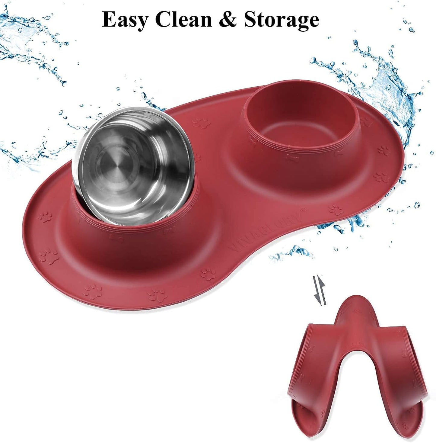 Dog Bowls Set, Double Stainless Steel Feeder Bowls and Wider Non Skid Spill Proof Silicone Mat Pet Puppy Cats Dogs Bowl, Burgundy