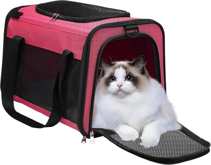 Airline Approved Cat Carrier, Soft Sided Collapsible Puppy Carrier with Locking Safety Zippers, Removable Fleece Pad and Pockets for Small Dogs Puppies Large Cat (M, Pink)