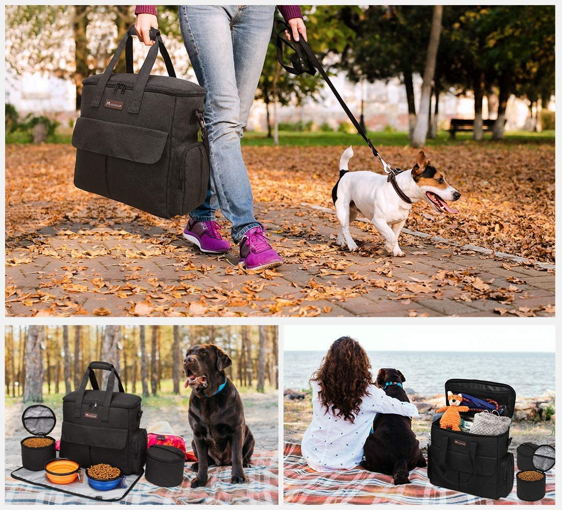 Dog Travel Bag by  - Dog Travel Kit for a Weekend Away Set Includes Pet Travel Bag Organizer for Accessories, 2 Collapsible Bowls, 2 Travel Food Container (Black)