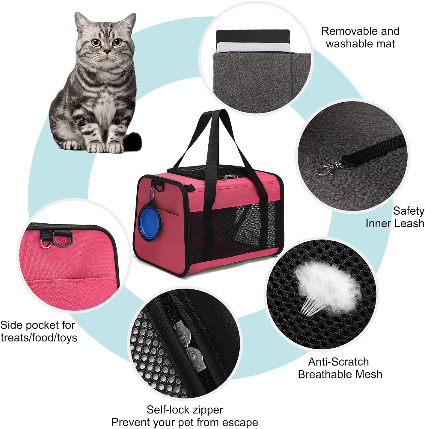 Airline Approved Cat Carrier, Soft Sided Collapsible Puppy Carrier with Locking Safety Zippers, Removable Fleece Pad and Pockets for Small Dogs Puppies Large Cat (M, Pink)