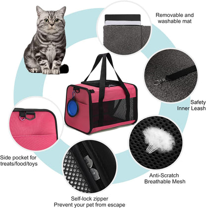 Airline Approved Cat Carrier, Soft Sided Collapsible Puppy Carrier with Locking Safety Zippers, Removable Fleece Pad and Pockets for Small Dogs Puppies Large Cat (M, Pink)