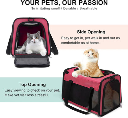 Airline Approved Cat Carrier, Soft Sided Collapsible Puppy Carrier with Locking Safety Zippers, Removable Fleece Pad and Pockets for Small Dogs Puppies Large Cat (M, Pink)