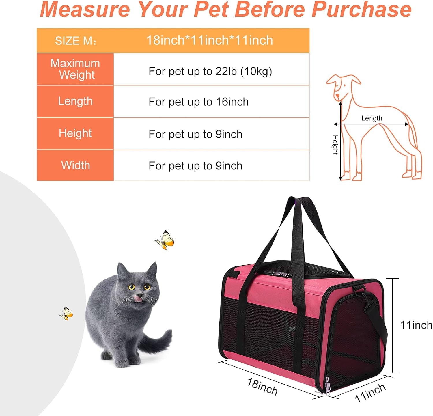 Airline Approved Cat Carrier, Soft Sided Collapsible Puppy Carrier with Locking Safety Zippers, Removable Fleece Pad and Pockets for Small Dogs Puppies Large Cat (M, Pink)