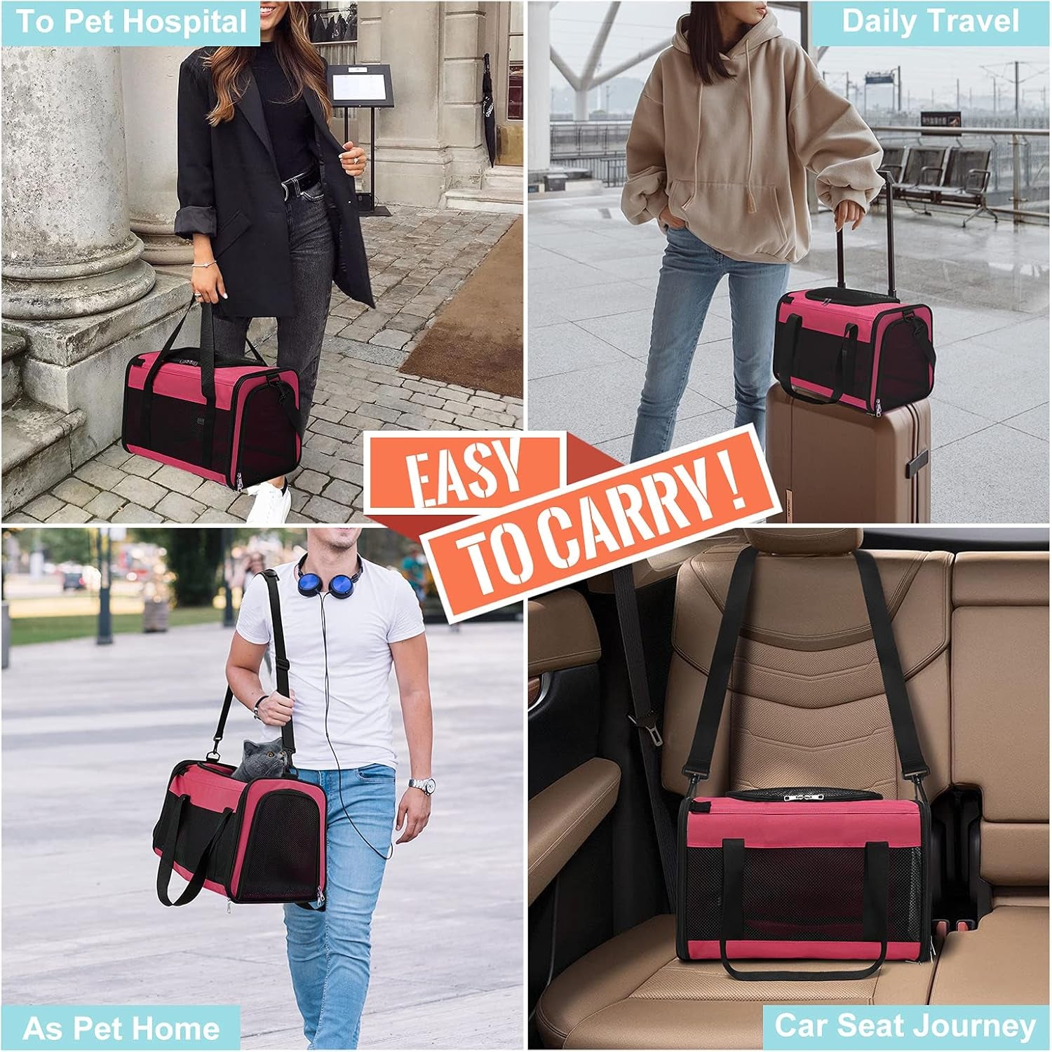 Airline Approved Cat Carrier, Soft Sided Collapsible Puppy Carrier with Locking Safety Zippers, Removable Fleece Pad and Pockets for Small Dogs Puppies Large Cat (M, Pink)